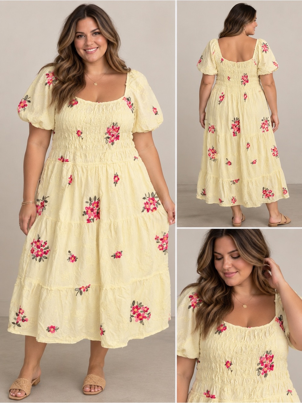 Smocked Puff Sleeve Midi Dress in Soft Yellow with Floral Print
